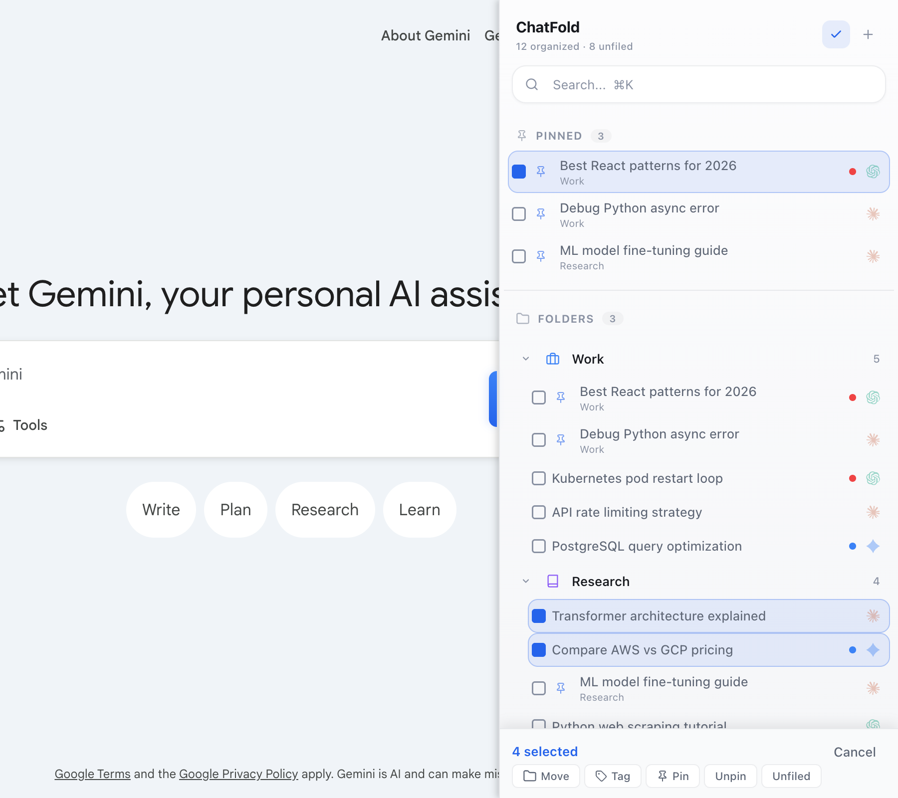 ChatFold in bulk-edit mode with 4 conversations selected across Pinned and Research folders